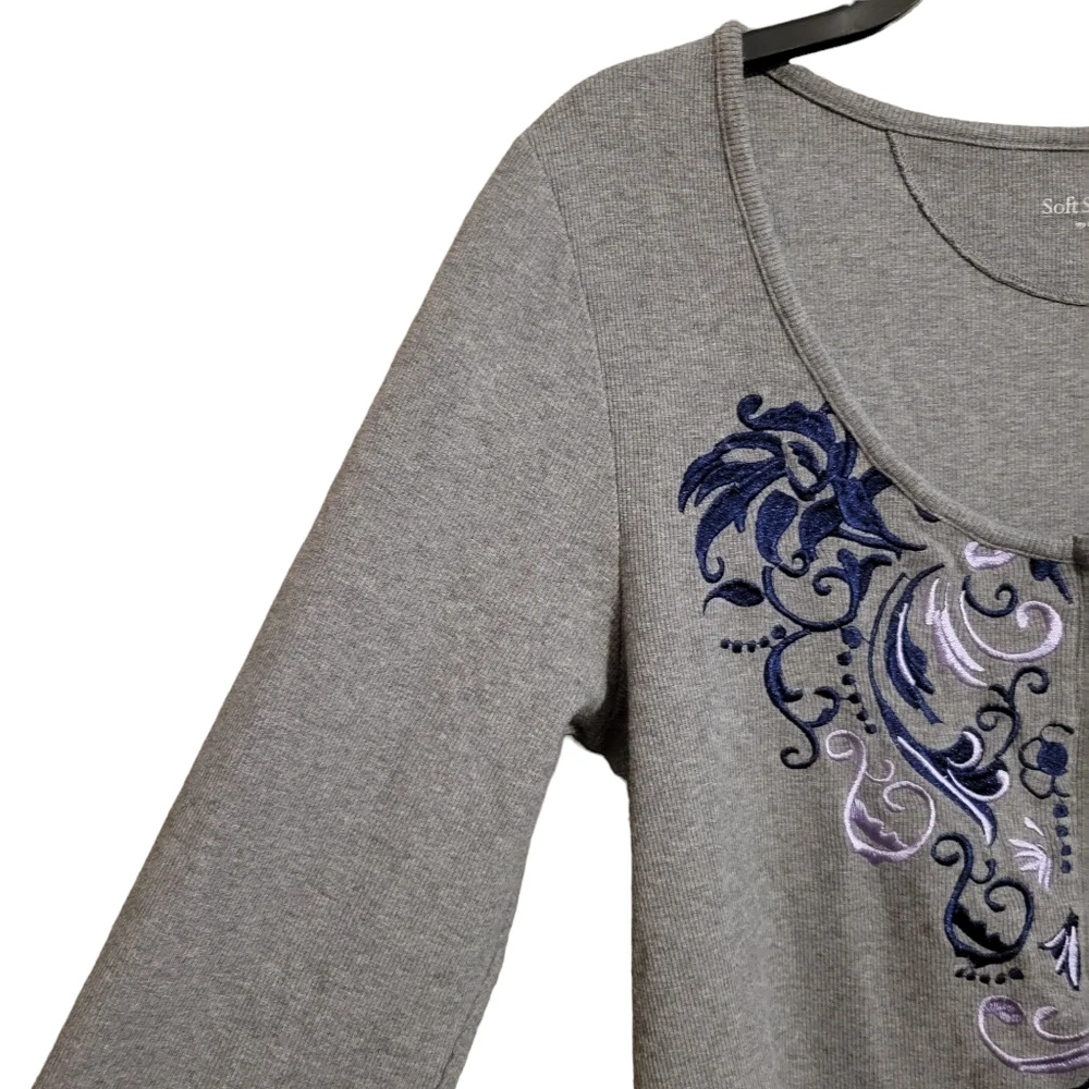 Soft Surroundings Embroidered Zip Front Long Sleeve Top